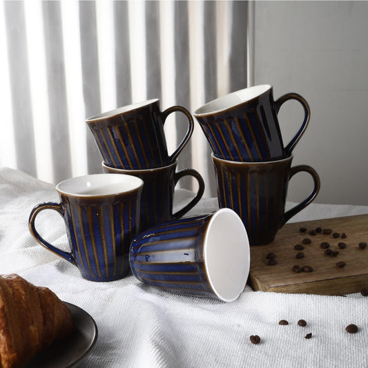 Ceramic Blue Gold Glazed Mugs | Set of 6