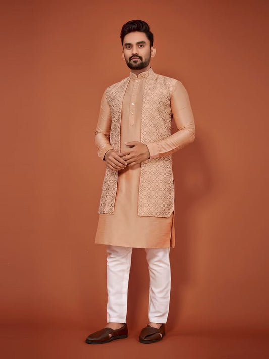 Men's Banglori Silk Attached Jacquard Koti Kurta With Pajama Set 16-SP11
