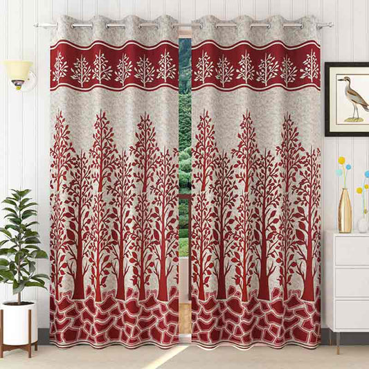Maroon Jute Polyester Window Curtains | 5ft | Set of 2