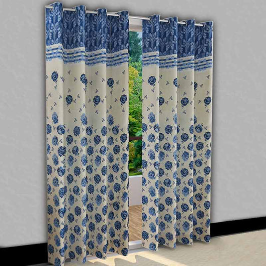 Floral Blue Jute Long Door Curtains | 9ft | Set of 2