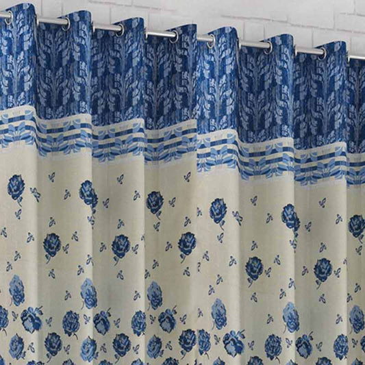 Floral Blue Jute Long Door Curtains | 9ft | Set of 2