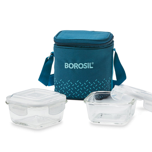 Borosil Teal Glass Lunchbox, Square x 2 (Tall Bag)