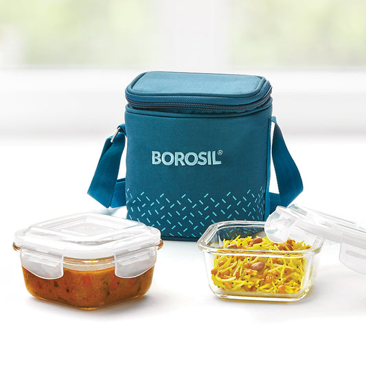 Borosil Teal Glass Lunchbox, Square x 2 (Tall Bag)