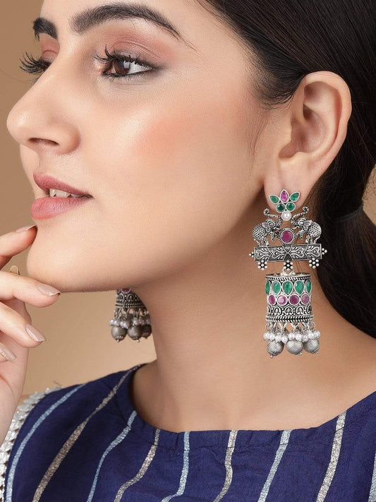 Oxidised Bottle Green and Pink Studs Cylindrical Jhumka Earrings
