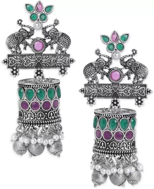 Oxidised Bottle Green and Pink Studs Cylindrical Jhumka Earrings