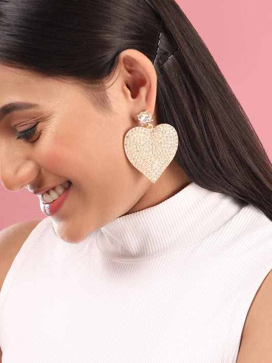 Rubans 18K Gold Toned Pave White Zircon Studded Heart Dangle Earring