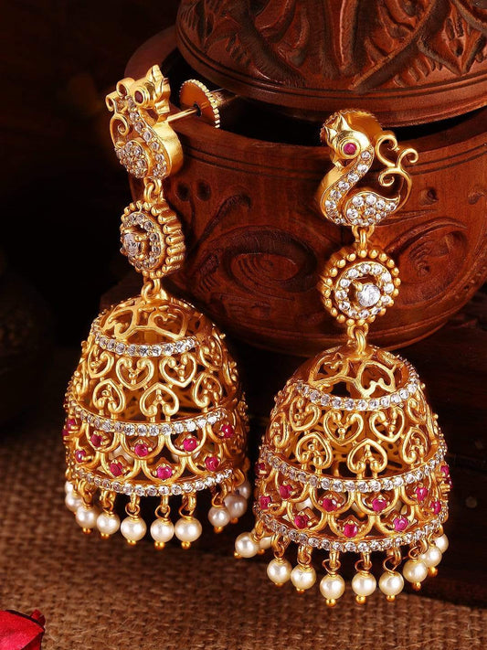 Rubans 22K Gold Plated Handcrafted Zircon Stone with Pearls Peacock Shaped Jhumka Earrings