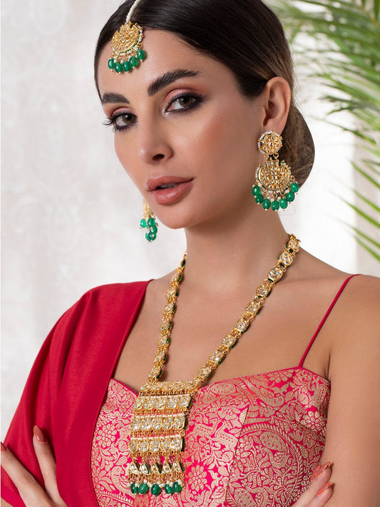 Rubans 22k gold plated necklace set with diamonds and green beads design.