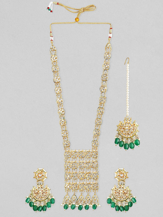 Rubans 22k gold plated necklace set with diamonds and green beads design.