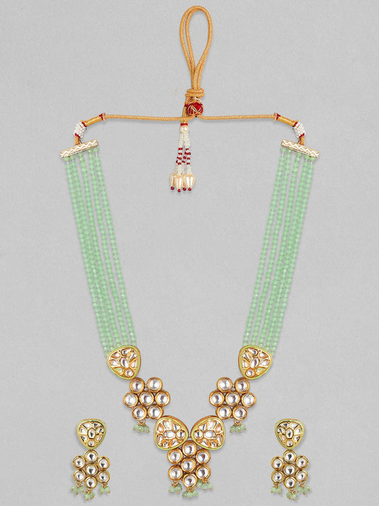 Rubans 24K Gold Plated Kundan with Mint Green Seed Beeded Handcrafted Necklace Set