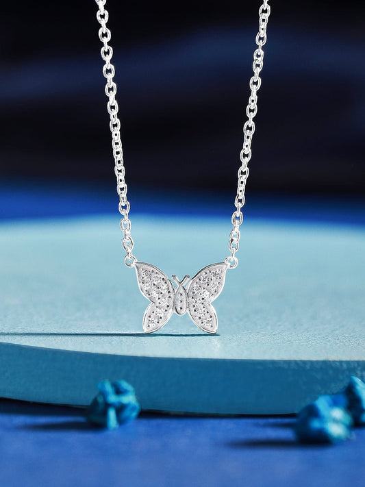Rubans 925 Silver Pave Butterfly Pendant Necklace.