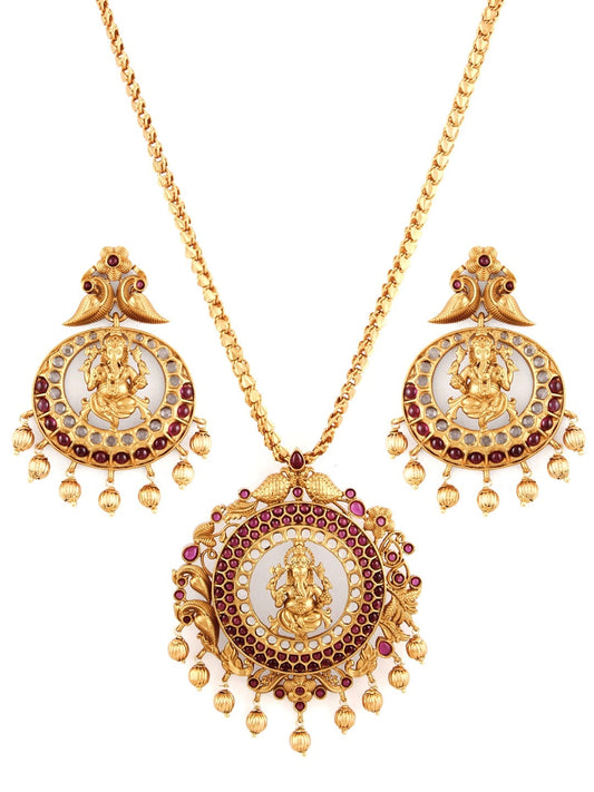 Rubans Finely Handcrafted Gold Plated And Ruby Studded Ganesha Pendant Set