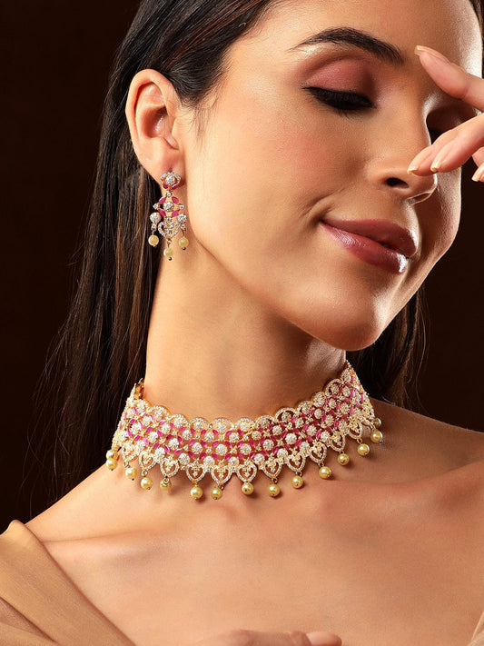 Rubans Finely Handcrafted Gold Plated CZ and Faux Ruby And Pearl Studded Statement Choker Necklace Set