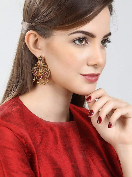 Rubans Finely Handcrafted Gold Plated CZ And Ruby Studded Chandbali Earrings