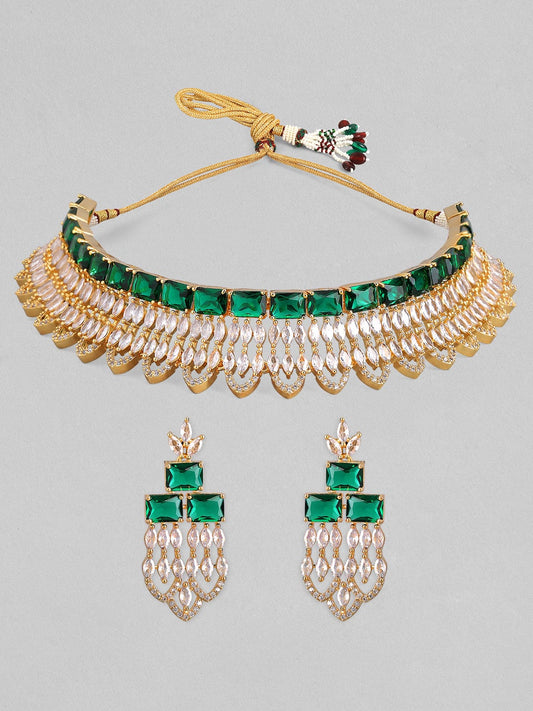 Rubans Gold Plated Green & White Stone Studded American Diamond Necklace Set.