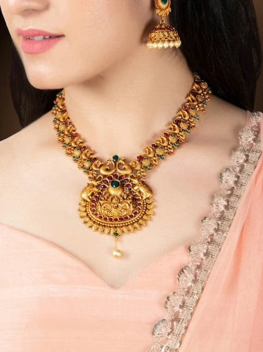 Rubans Gold Plated Handcrafted Traditional Pearl Embellished Faux Ruby And Emerald Studded Divine Lakshmi Necklace Set