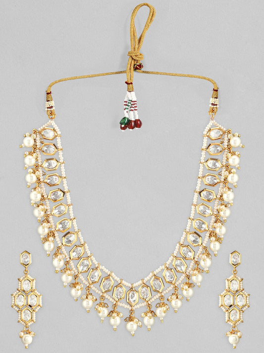 Rubans Gold Plated Kundan Necklace Set With White Beads And Pearls