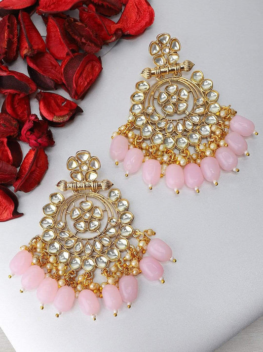 Rubans Gold Plated Kundan Studded Pearl Drop Statement Chandbali Earrings