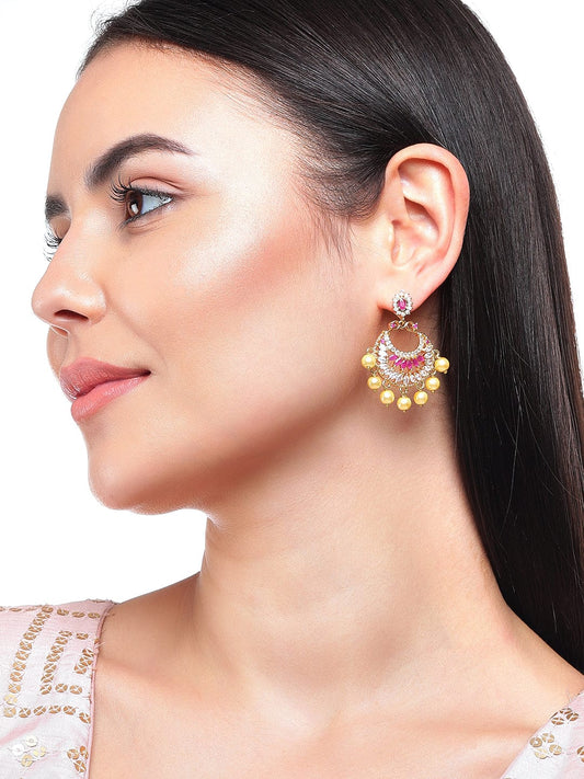 Rubans Gold Toned CZ And Ruby Studded Embellished With Pearls Chandbali Earrings