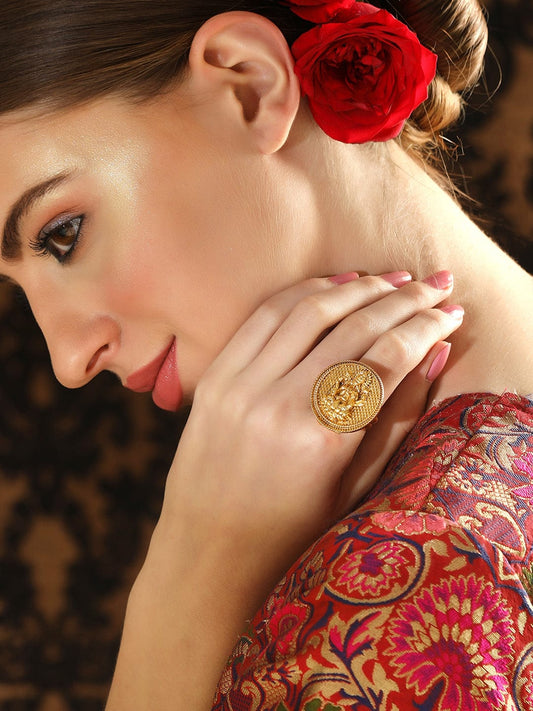 Rubans Luxury 22K Gold Plated Finely Detailed Goddess Statement Ring.