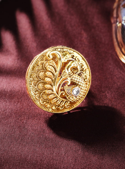 Rubans Luxury 22K Pure Gold Plated Finely Detailed Peacock Statememt Ring.
