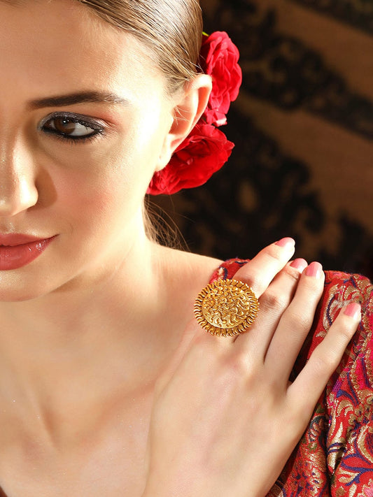 Rubans Luxury 22K Pure Gold Plated Finely Detailed Temple Statement Ring.