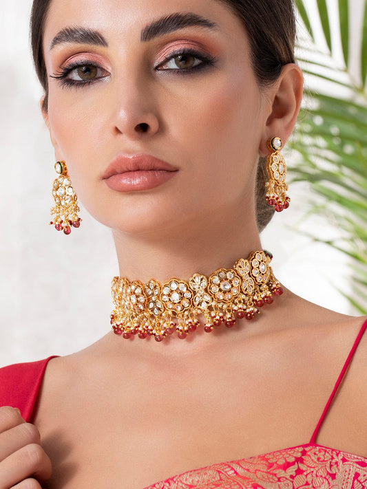 Rubans Luxury 24K Gold Plated Handcrafted Kundan Stone & Maroon Beads Necklace Set
