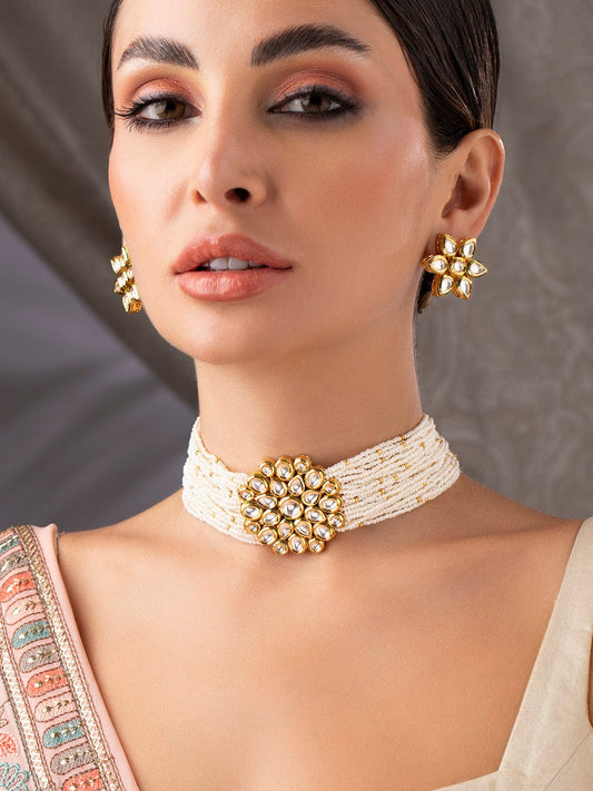 Rubans Luxury 24K Gold Plated Handcrafted Kundan & White Pearls Choker Set