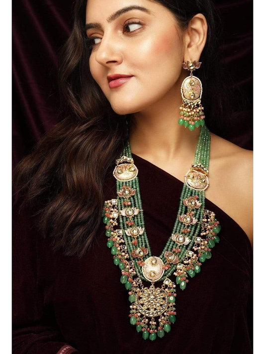 Rubans Luxury 24K Gold Plated Handcrafted Pachi Kundan & Emerald Green Multi String Necklace Set