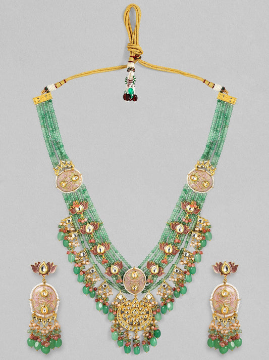 Rubans Luxury 24K Gold Plated Handcrafted Pachi Kundan & Emerald Green Multi String Necklace Set