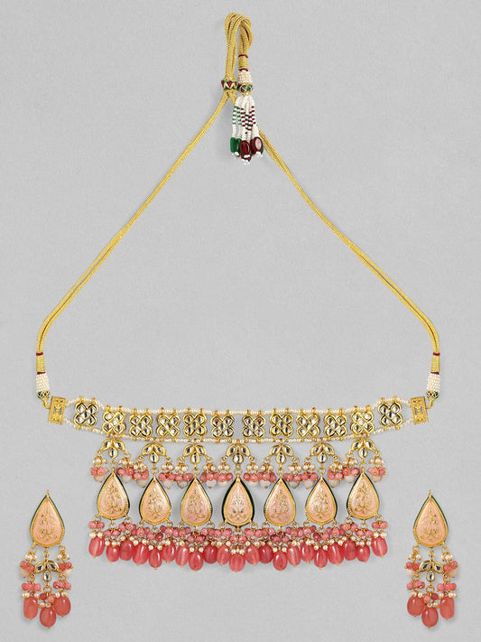 Rubans Luxury 24K Gold Plated Handcrafted Pink Enamel & Pachi Kundan with Pearls Necklace Set