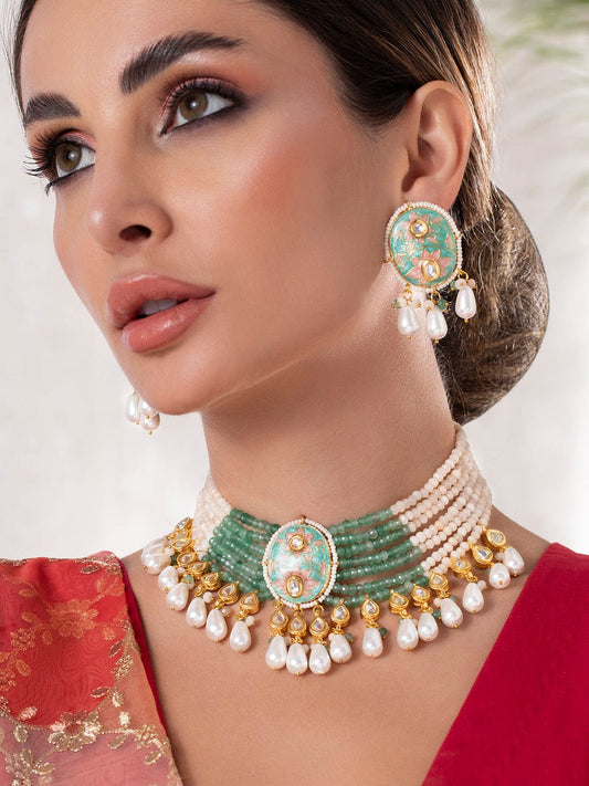 Rubans Luxury Gold Plated Enameled Kundan Studded Floral Multicolor Beaded Necklace Set.