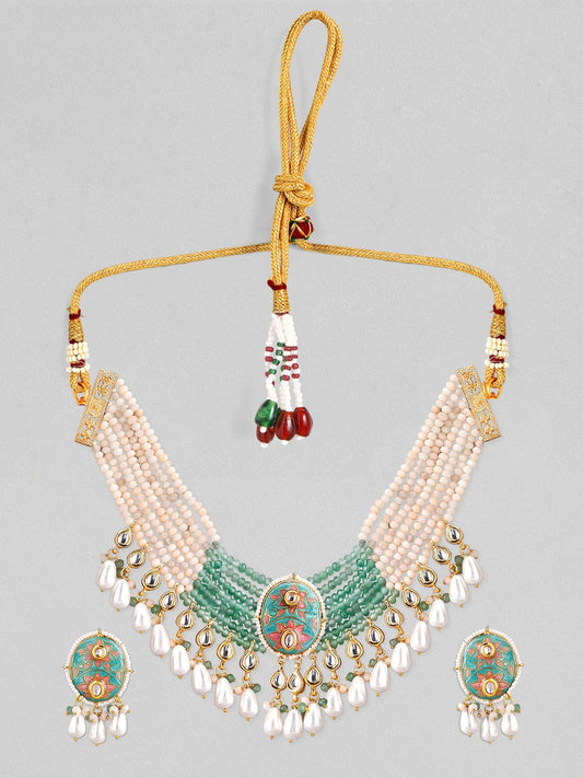 Rubans Luxury Gold Plated Enameled Kundan Studded Floral Multicolor Beaded Necklace Set.