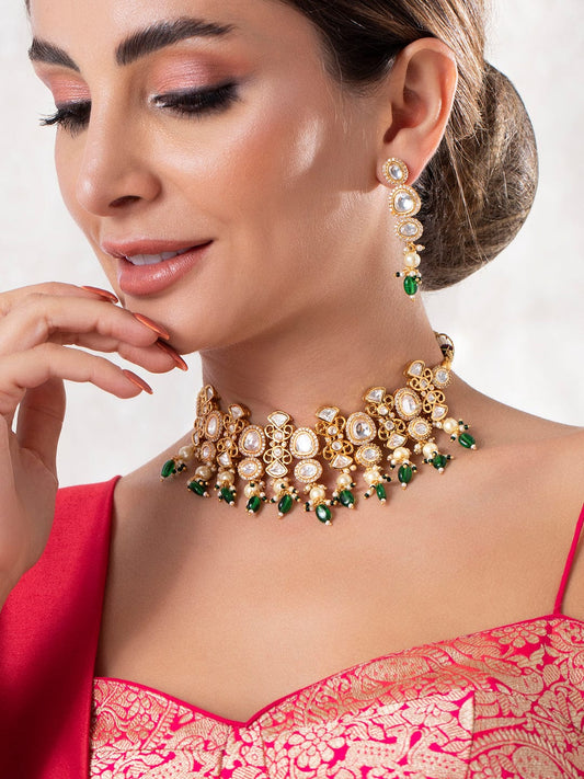 Rubans Luxury Gold Plated Handcrafted Kundan with Beads Necklace Set