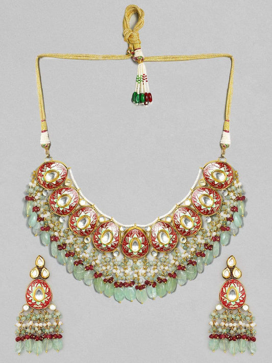 Rubans LUXURY Intricately Handcrafted  22Kt Gold Plated Traditional Red And Green Necklace Set