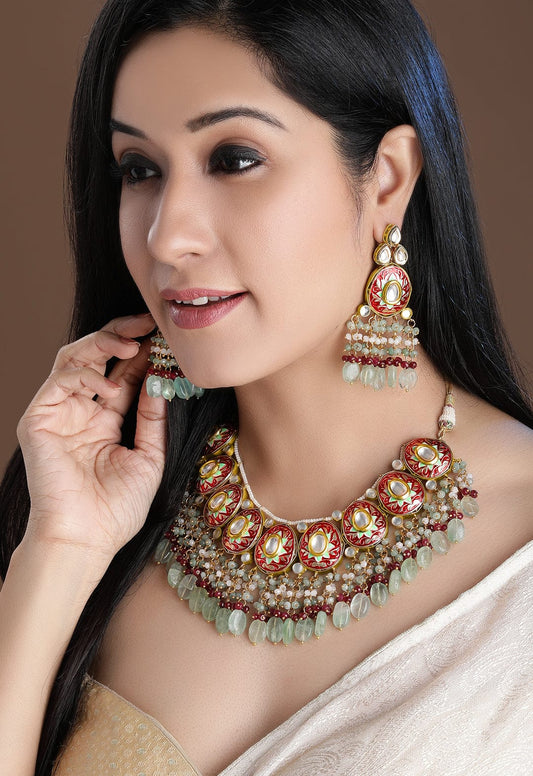 Rubans LUXURY Intricately Handcrafted  22Kt Gold Plated Traditional Red And Green Necklace Set