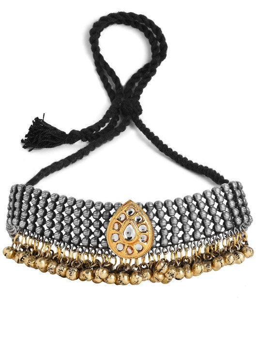 Rubans Oxidised Silver Plated Handcrafted Kundan with Gold Ghungru Choker
