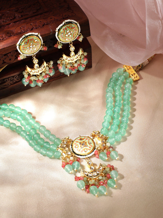 Rubans Pink & Green Beads Multistrand Necklace Set.
