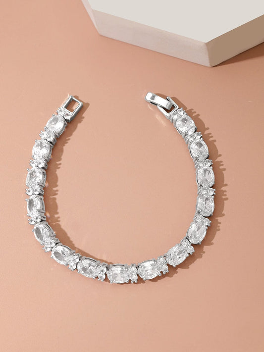 Rubans Rhodium-Plated Oval Zirconia Studded Dazzling Bracelet