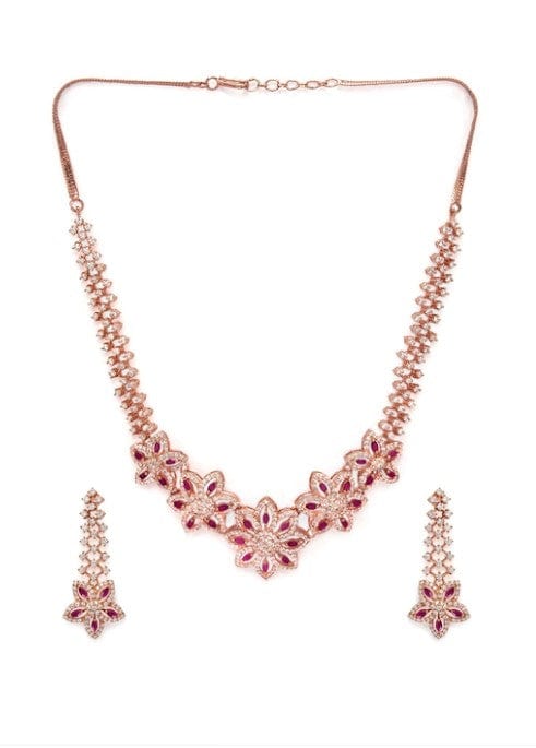 Rubans Rose Gold Plated Pleasing CZ Studded Statement Floral Necklace Set
