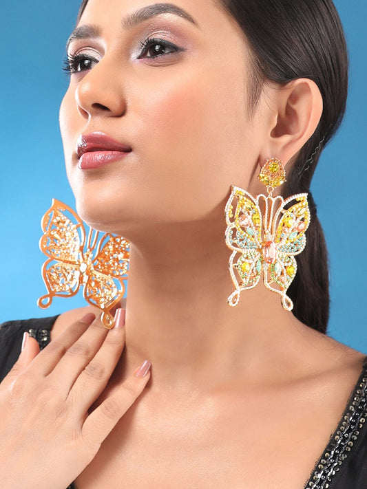 Rubans Rose Gold Toned Multicoloured Zircons Studded Statement Butterfly Dangle Earrings