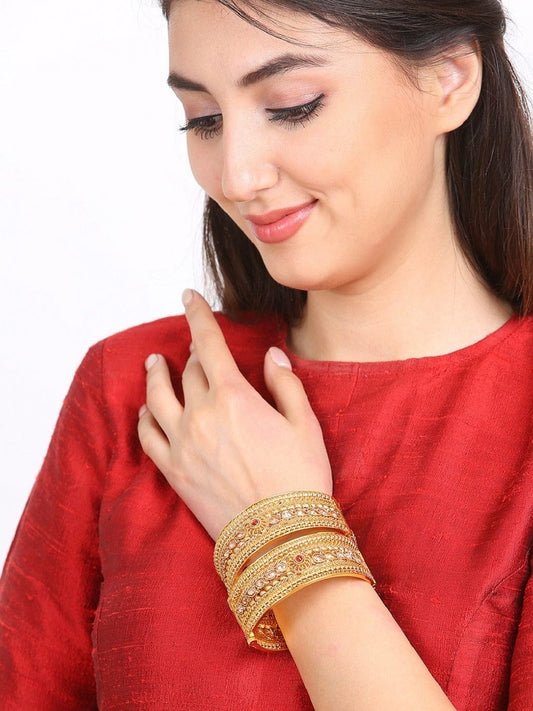 Rubans Set Of 2 Gold-Plated Pink & Beige Kundan-Studded Faux Ruby Handcrafted Bangles