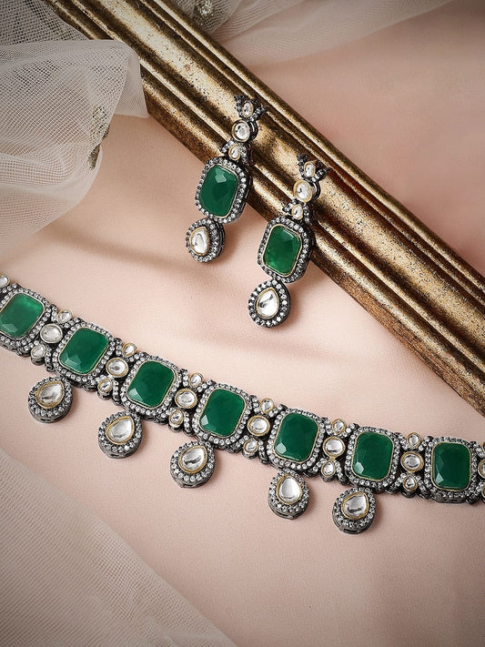 Rubans Silver Plated Choker Set With Green Stones And Studded American Diamonds.