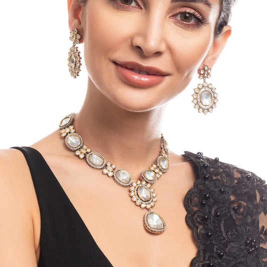 Rubans Silver Plated Kundan Polki Necklace Set With Beautiful Design