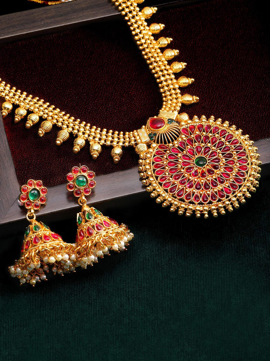 Rubans Traditional Gold Plated Faux Ruby And Emerald Studded Necklace Set