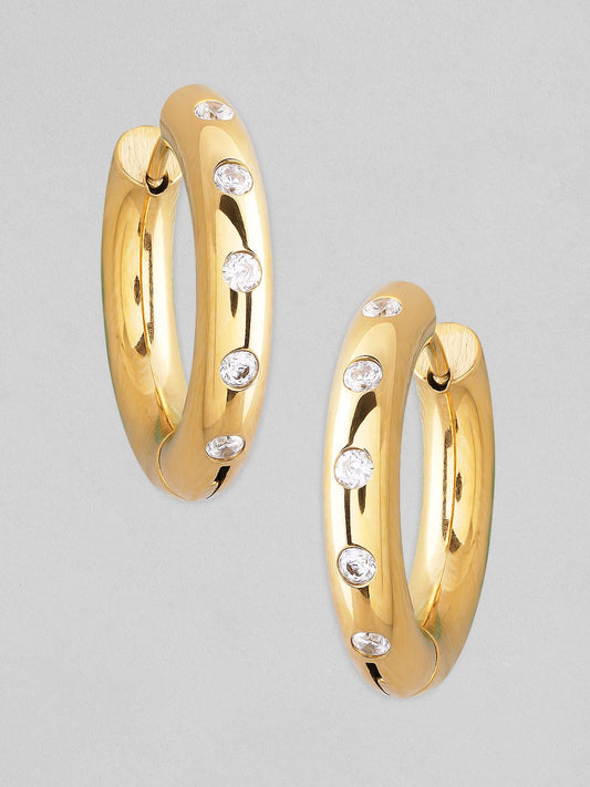 Rubans Voguish 18K Gold Plated Stainless Steel Waterproof Huggie Earrings With Zircons Studded