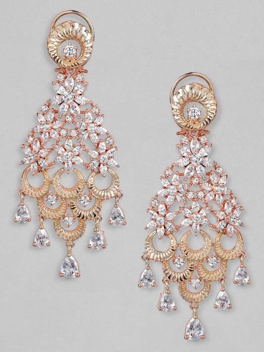 Rubans Zircon Studded Handcrafted Rose Gold Plated Floral Drop Earrings
