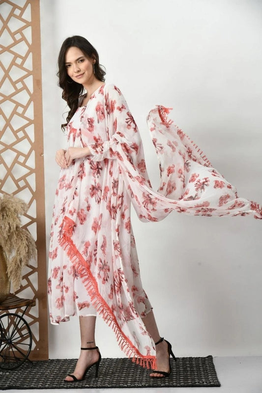 White Beautiful Printed Flared Dress Classic And Stylish Top With Dupatta 12-VC