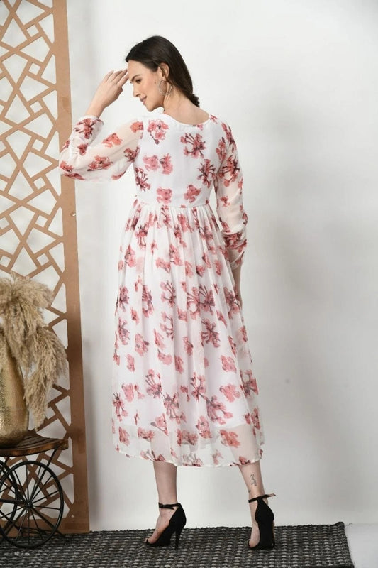 White Beautiful Printed Flared Dress Classic And Stylish Top With Dupatta 12-VC