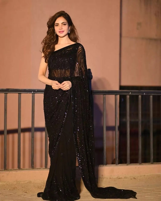 Black Georgette Embroidery Sequence Work Saree With Unstitched Blouse